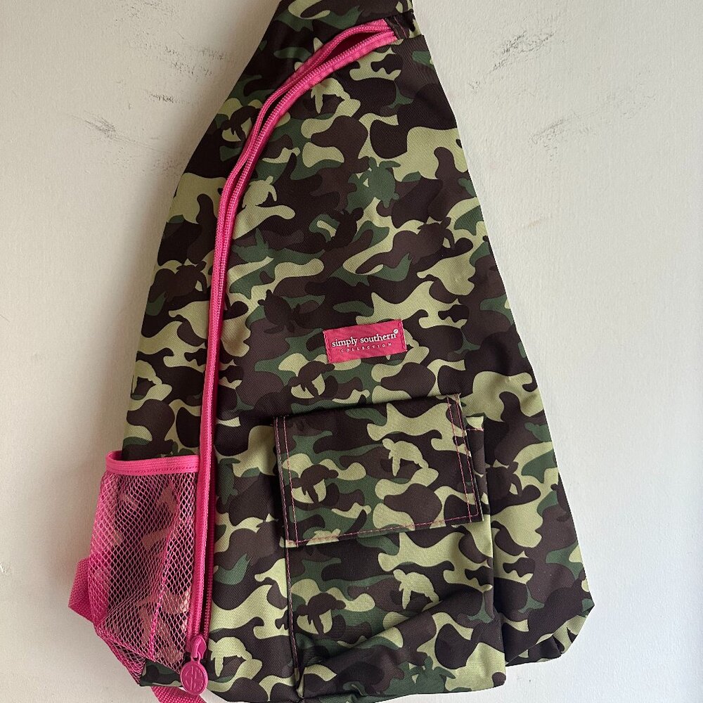 Simply Southern Camo Sling Backpack Pink Trim Crossbody Bag Turtle Print